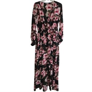 NWT Jodifl Dark Olive Surplice Neckline Tie Waist Maxi Dress Medium Pink Floral